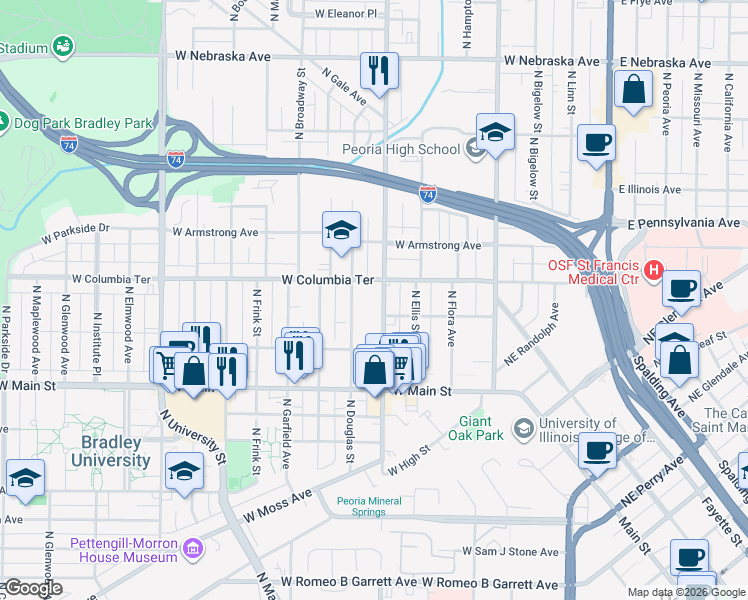 map of restaurants, bars, coffee shops, grocery stores, and more near 1205 North Sheridan Road in Peoria