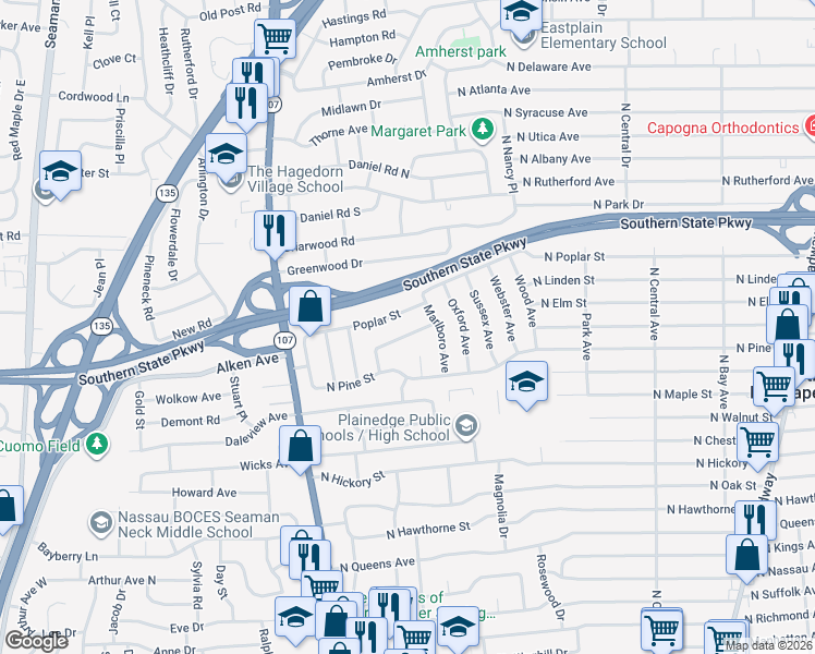 map of restaurants, bars, coffee shops, grocery stores, and more near 23 Rutland Road in Massapequa