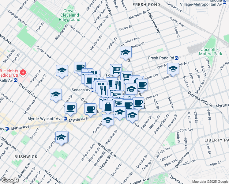 map of restaurants, bars, coffee shops, grocery stores, and more near 792 Onderdonk Avenue in Queens