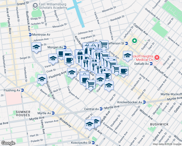 map of restaurants, bars, coffee shops, grocery stores, and more near Wilson Ave & Melrose St in Brooklyn