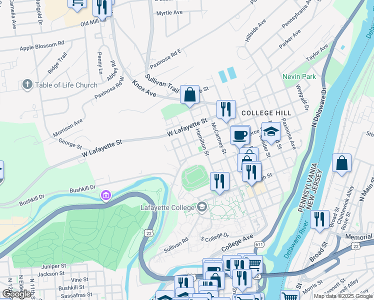 map of restaurants, bars, coffee shops, grocery stores, and more near 620 Coleman Street in Easton