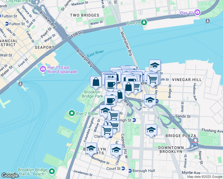 map of restaurants, bars, coffee shops, grocery stores, and more near 10 Old Fulton Street in Brooklyn