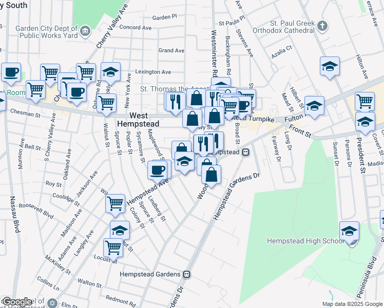 map of restaurants, bars, coffee shops, grocery stores, and more near 65 Morton Avenue in West Hempstead
