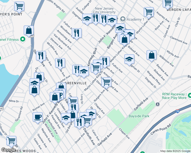map of restaurants, bars, coffee shops, grocery stores, and more near 67 Martin Luther King Drive in Jersey City
