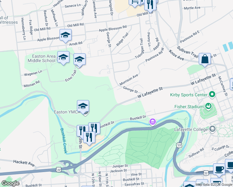 map of restaurants, bars, coffee shops, grocery stores, and more near 917 George Street in Easton