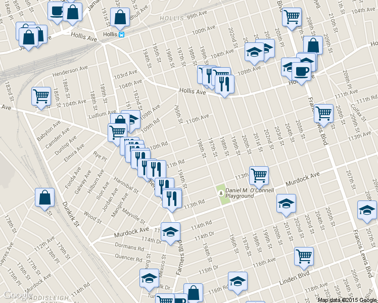 map of restaurants, bars, coffee shops, grocery stores, and more near 194-32 111th Avenue in Queens