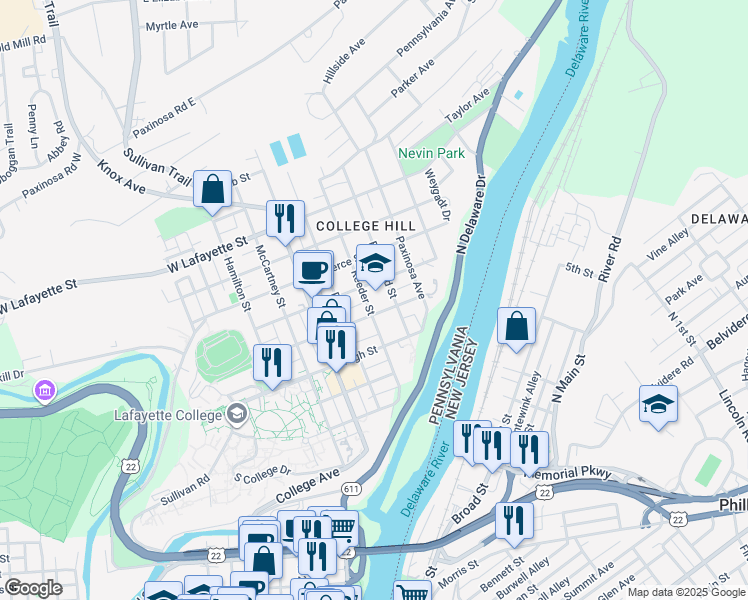 map of restaurants, bars, coffee shops, grocery stores, and more near 429 Reeder Street in Easton