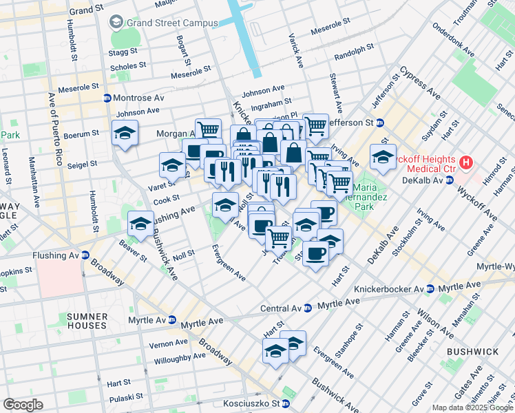 map of restaurants, bars, coffee shops, grocery stores, and more near 85 George Street in Brooklyn