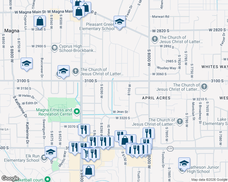 map of restaurants, bars, coffee shops, grocery stores, and more near 3162 South Buena Verde Lane in Magna