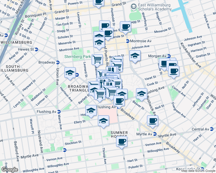 map of restaurants, bars, coffee shops, grocery stores, and more near 44 Varet Street in Brooklyn