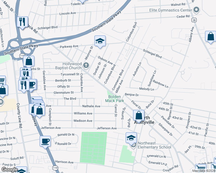 map of restaurants, bars, coffee shops, grocery stores, and more near 3460 Great Neck Road in Amityville