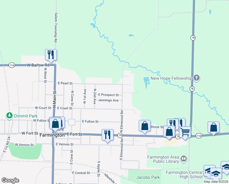 map of restaurants, bars, coffee shops, grocery stores, and more near 401-599 East Prospect Street in Farmington