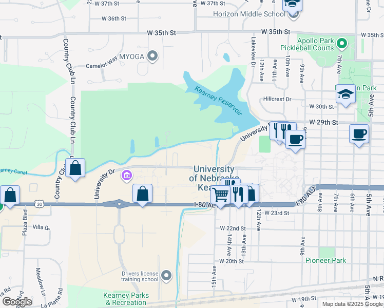 map of restaurants, bars, coffee shops, grocery stores, and more near 1701 University Drive in Kearney