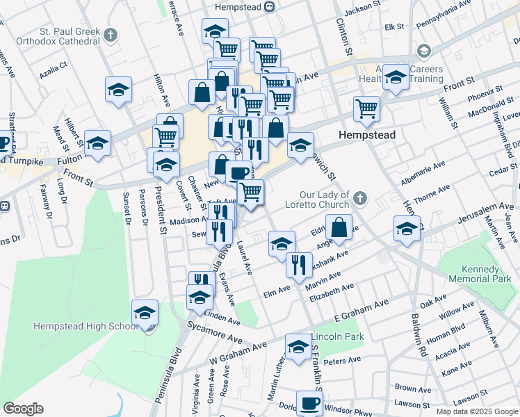 map of restaurants, bars, coffee shops, grocery stores, and more near 91 South Franklin Street in Hempstead