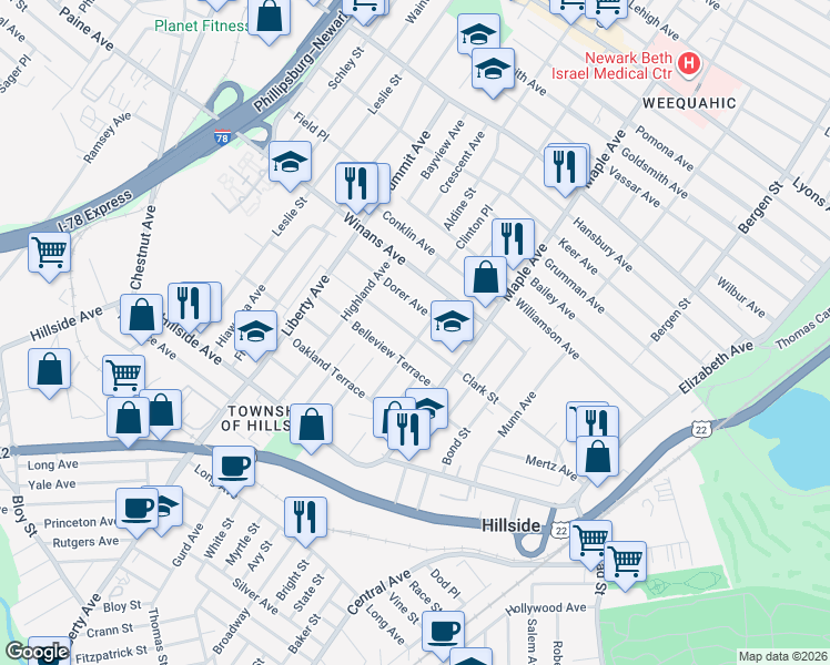 map of restaurants, bars, coffee shops, grocery stores, and more near 1502 Compton Terrace in Hillside