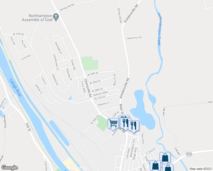 map of restaurants, bars, coffee shops, grocery stores, and more near 155 West 28th Street in Northampton