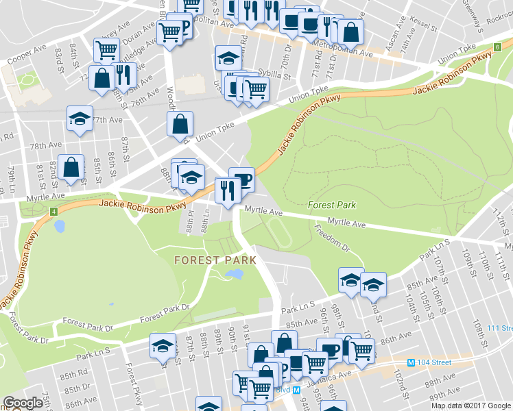 map of restaurants, bars, coffee shops, grocery stores, and more near 90-29 Myrtle Avenue in Queens