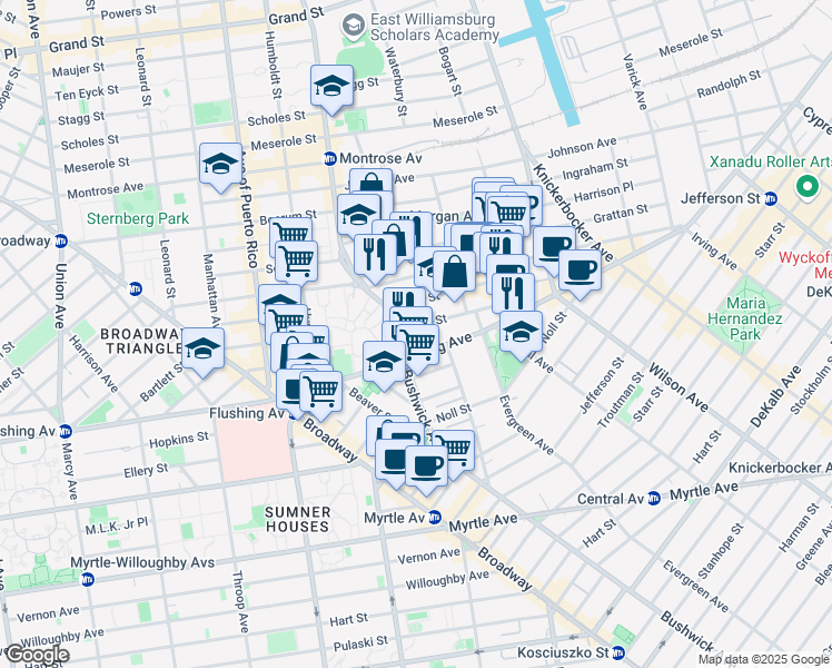 map of restaurants, bars, coffee shops, grocery stores, and more near 162 Cook Street in Brooklyn