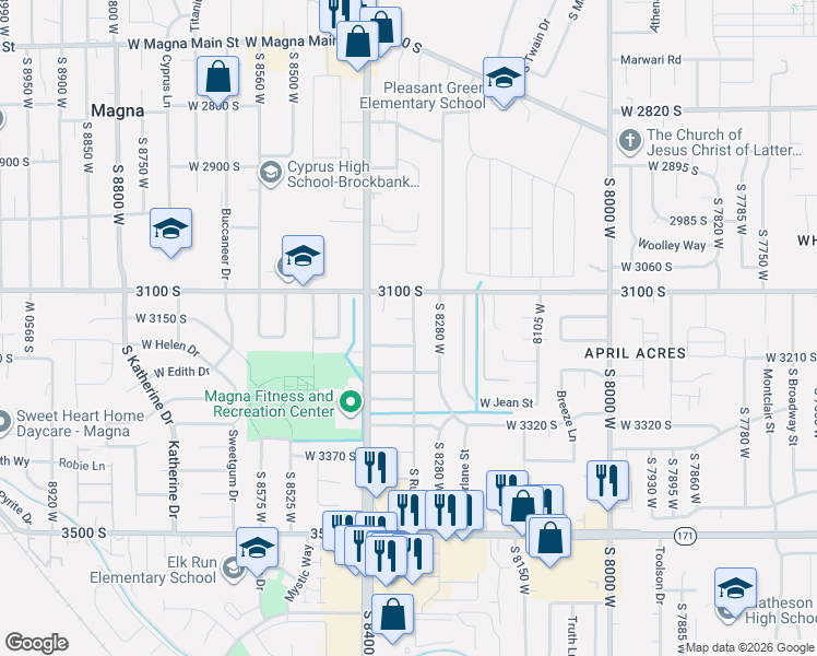 map of restaurants, bars, coffee shops, grocery stores, and more near 8351 West 3150 South in Magna