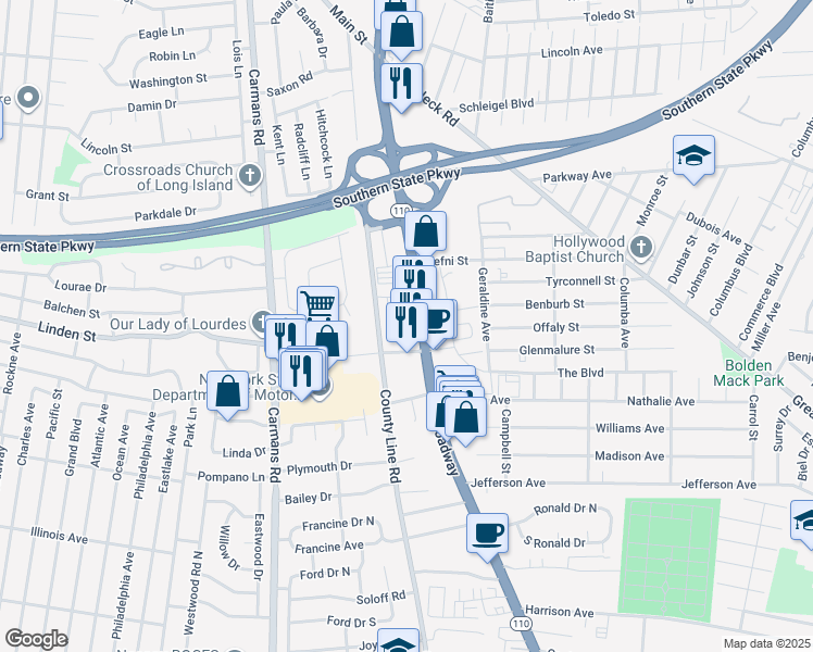 map of restaurants, bars, coffee shops, grocery stores, and more near 900 Broadway in Amityville