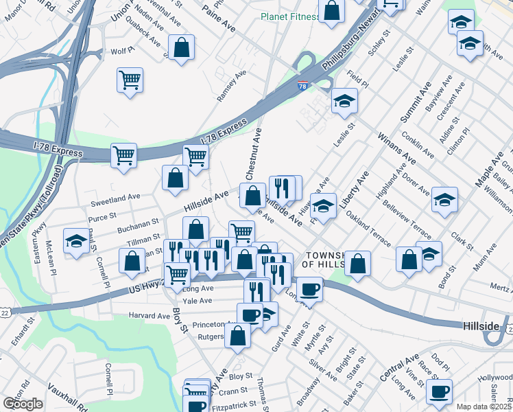 map of restaurants, bars, coffee shops, grocery stores, and more near 1386 Norman Place in Hillside