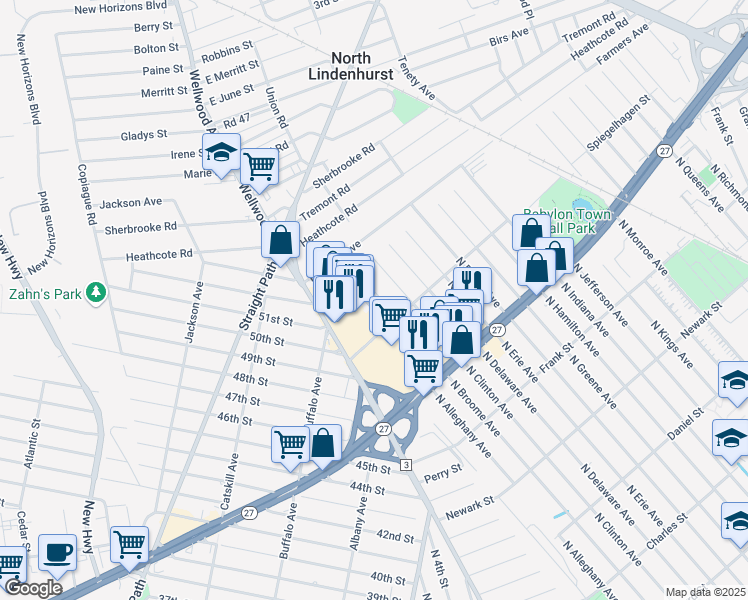 map of restaurants, bars, coffee shops, grocery stores, and more near 1020 North Broome Avenue in Lindenhurst