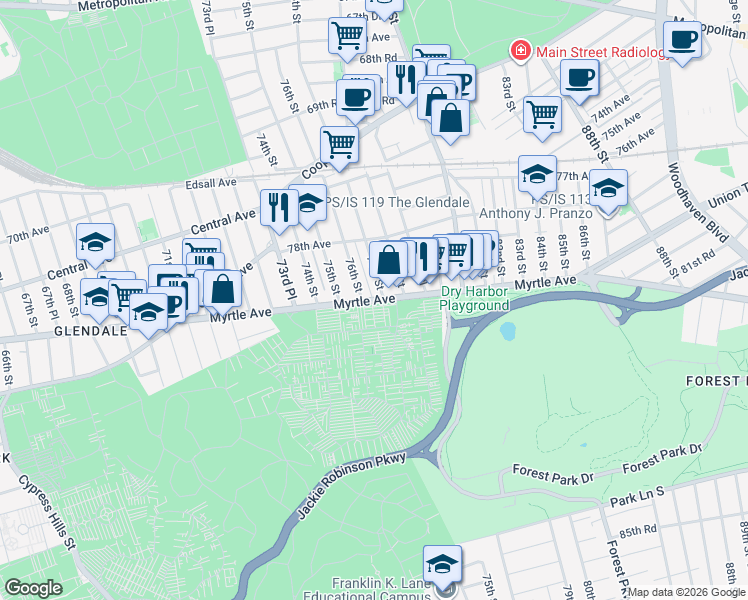 map of restaurants, bars, coffee shops, grocery stores, and more near Myrtle Avenue in Queens