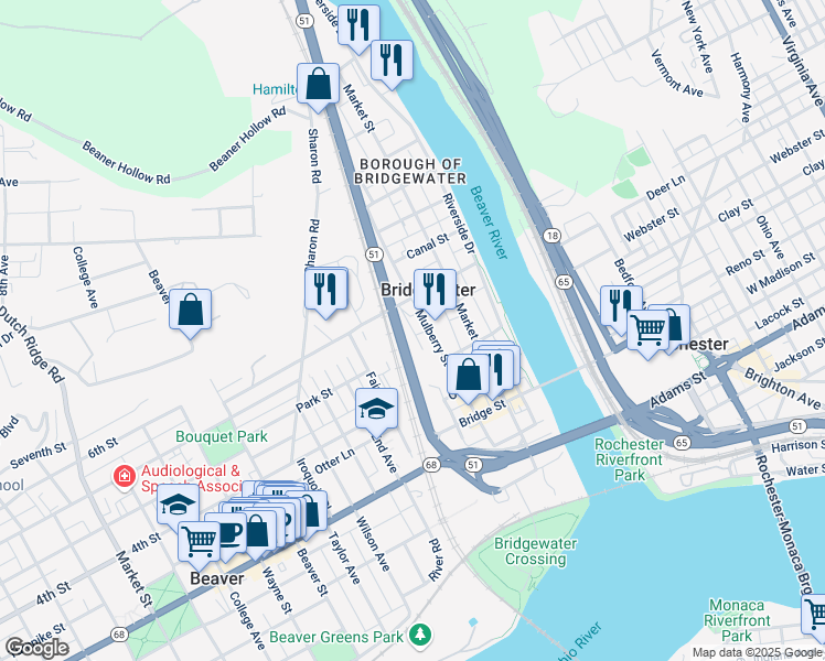 map of restaurants, bars, coffee shops, grocery stores, and more near 701 Clarion St in Beaver