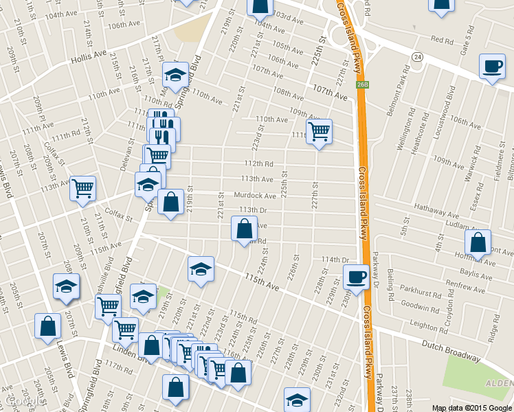 map of restaurants, bars, coffee shops, grocery stores, and more near 223-05 113th Dr in Queens