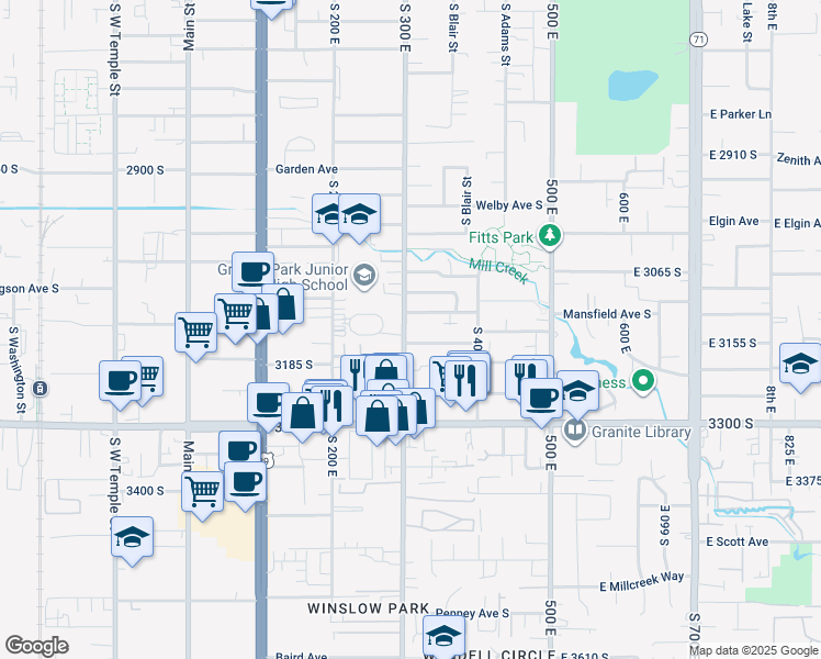 map of restaurants, bars, coffee shops, grocery stores, and more near 3139 South 300 East in South Salt Lake