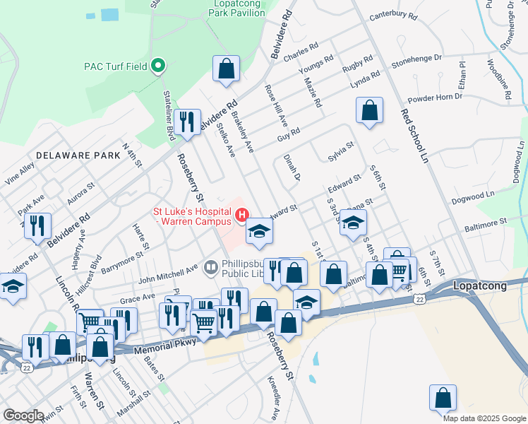 map of restaurants, bars, coffee shops, grocery stores, and more near 433 Stelko Avenue in Phillipsburg