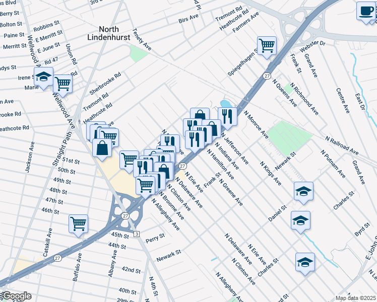 map of restaurants, bars, coffee shops, grocery stores, and more near 120 Sunrise Highway in Lindenhurst