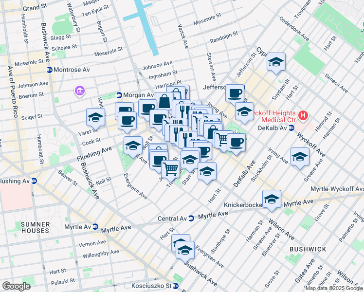 map of restaurants, bars, coffee shops, grocery stores, and more near 236 Jefferson Street in Brooklyn