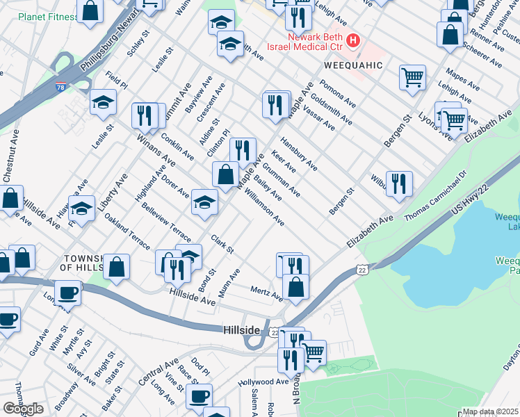 map of restaurants, bars, coffee shops, grocery stores, and more near 126 Williamson Avenue in Hillside