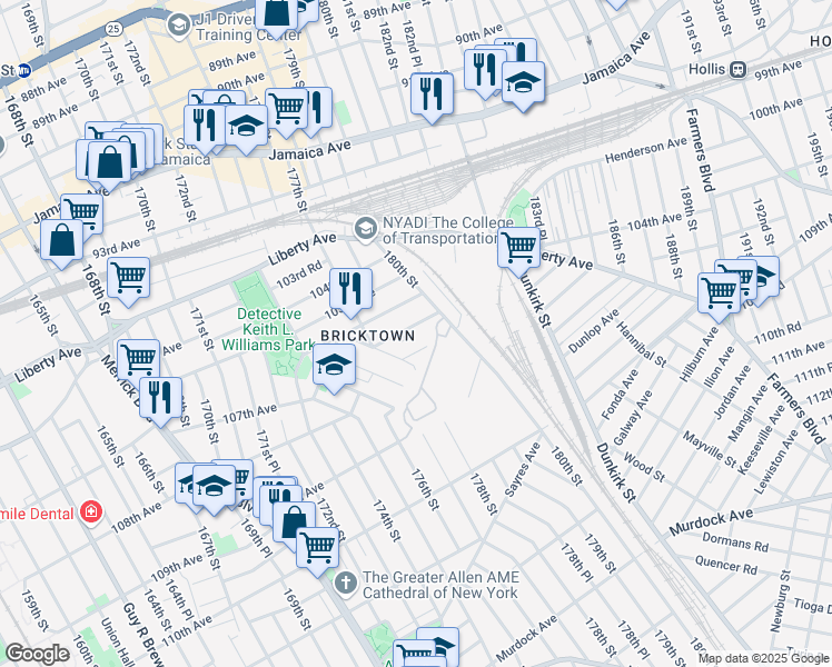 map of restaurants, bars, coffee shops, grocery stores, and more near 177-44 106th Road in Queens