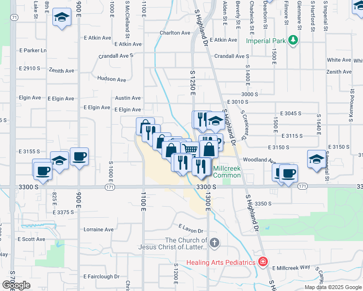 map of restaurants, bars, coffee shops, grocery stores, and more near 1245 Brickyard Road in Salt Lake City