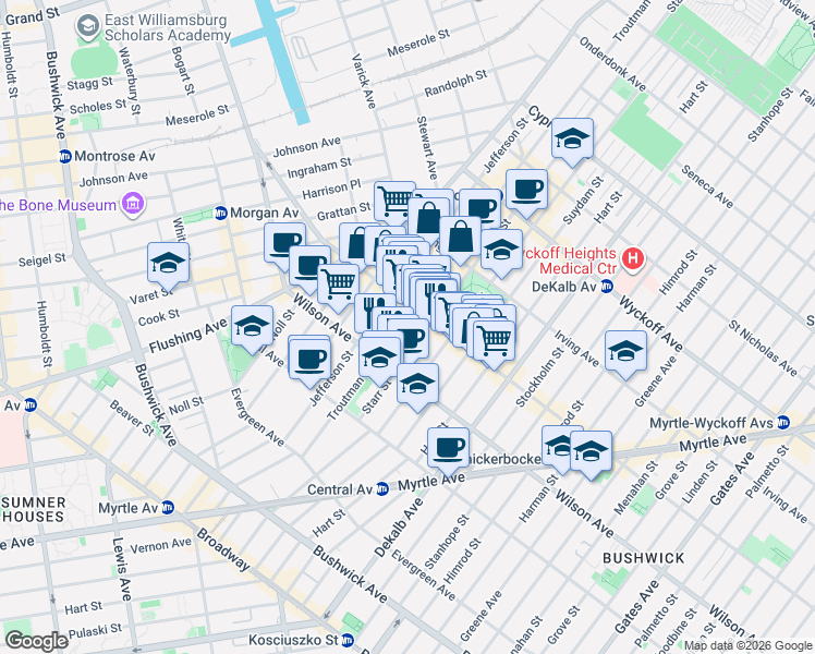 map of restaurants, bars, coffee shops, grocery stores, and more near 101 Starr Street in Brooklyn