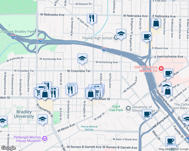 map of restaurants, bars, coffee shops, grocery stores, and more near 1205 North Sheridan Road in Peoria