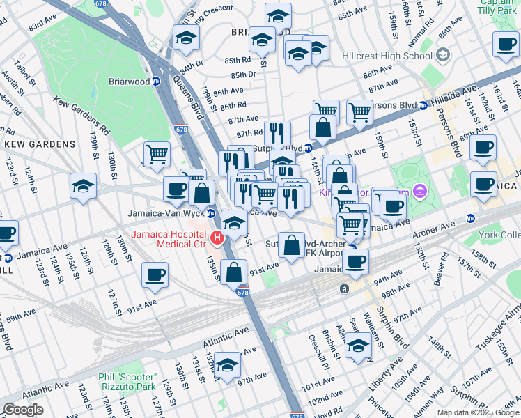 map of restaurants, bars, coffee shops, grocery stores, and more near 138-60 Jamaica Avenue in Queens