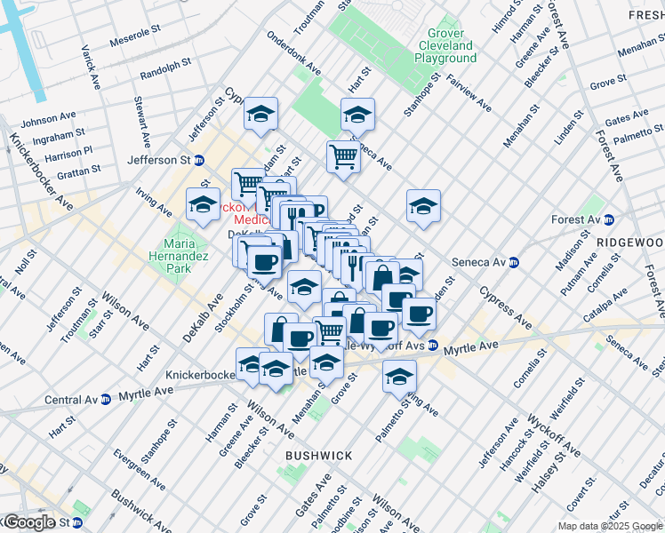 map of restaurants, bars, coffee shops, grocery stores, and more near 179 Wyckoff Avenue in Brooklyn