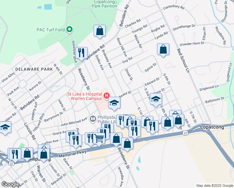 map of restaurants, bars, coffee shops, grocery stores, and more near 433 Stelko Avenue in Phillipsburg