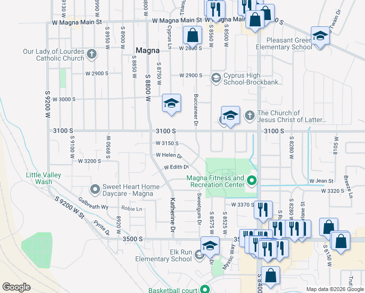 map of restaurants, bars, coffee shops, grocery stores, and more near 8681 West 3150 South in Magna