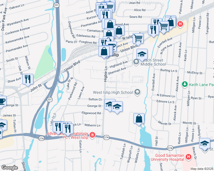 map of restaurants, bars, coffee shops, grocery stores, and more near 11 Dubois Road in West Islip