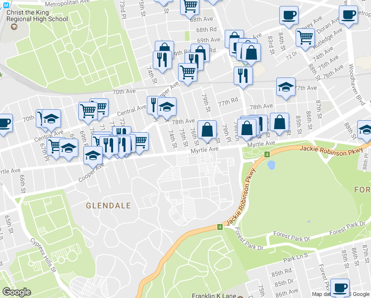 map of restaurants, bars, coffee shops, grocery stores, and more near 74-17 Myrtle Avenue in Queens