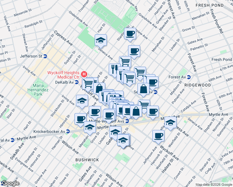 map of restaurants, bars, coffee shops, grocery stores, and more near in Queens