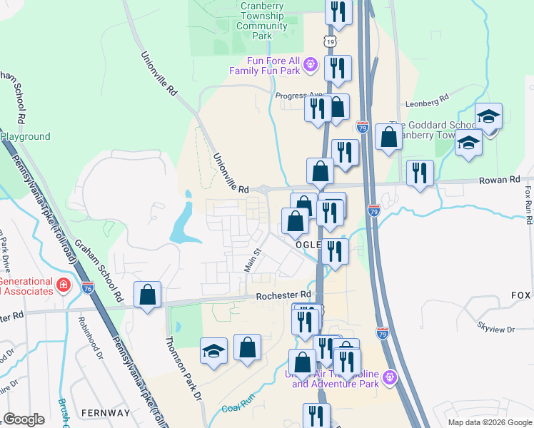 map of restaurants, bars, coffee shops, grocery stores, and more near 3020 Unionville Road in Cranberry Township