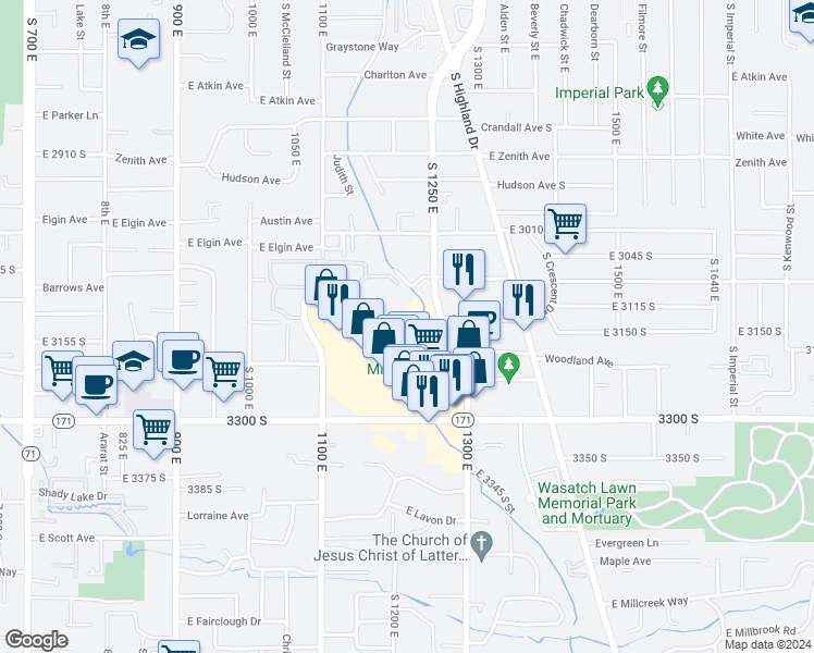 map of restaurants, bars, coffee shops, grocery stores, and more near 1245 Brickyard Road in Salt Lake City