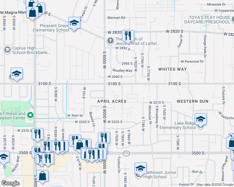 map of restaurants, bars, coffee shops, grocery stores, and more near 3186 7900 West in Magna