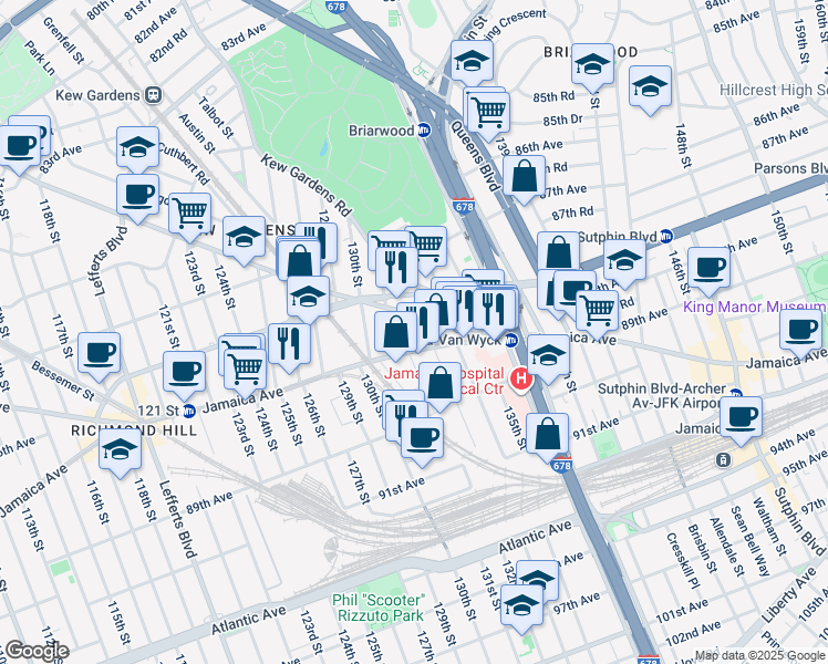 map of restaurants, bars, coffee shops, grocery stores, and more near 86-39 131st Street in Queens