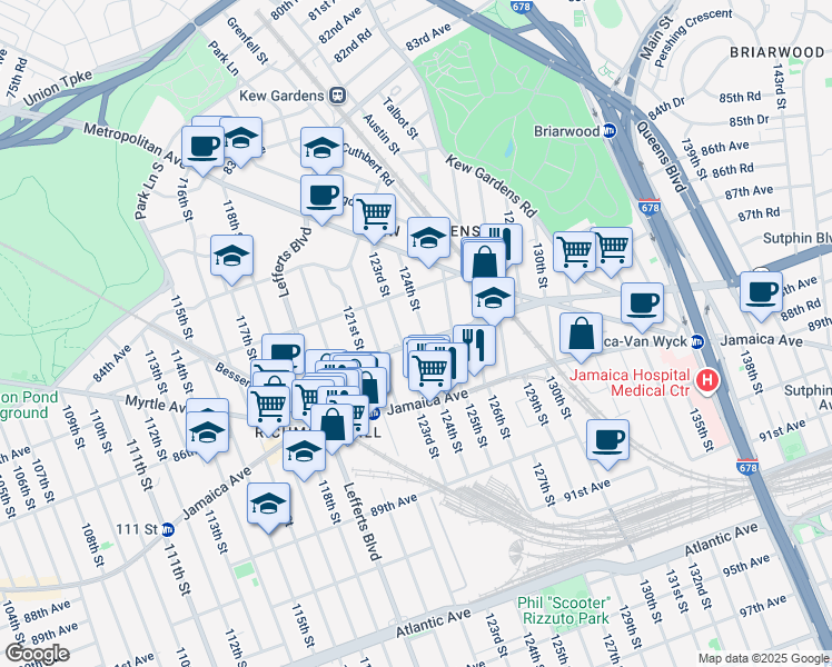 map of restaurants, bars, coffee shops, grocery stores, and more near 124-6 Hillside Avenue in Queens